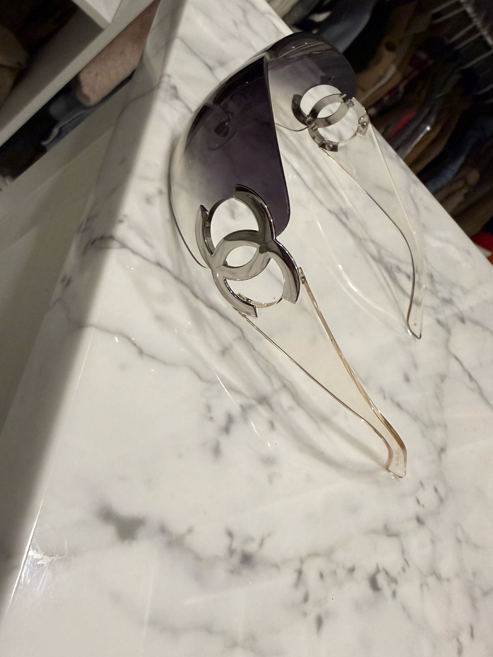 Chanel Vintage Y2K Rimless Shield Sunglasses in Gradient Blue Gray - Picture 4 of 5